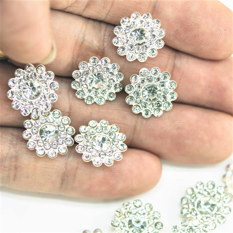 Builcker 50 PCS Rhinestone Embellishments Crystal Decoration Brooch Button Flatback DIY Handicraft Accessories Craft for Flower Headband Dress Accessory 14mm (White Silver Bottom) - Image 5